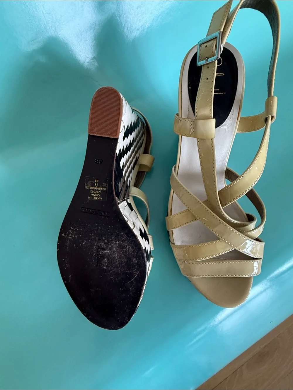 Cole Haan. Strappy Yellow Wedge Sandals with Black-and-White Woven Platform